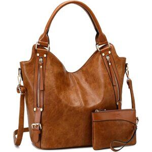 Women PU Leather Medium Tote Bag Light Brown Adjustable Shoulder Strap Stylish